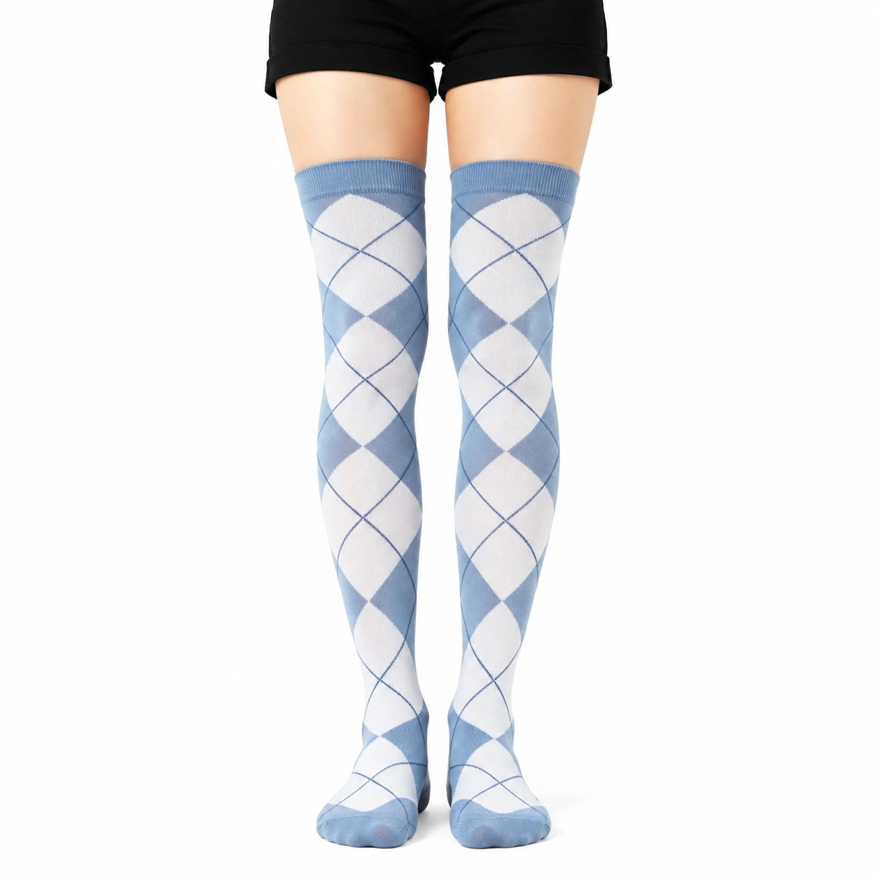 Chaussettes hautes 35-38 en textile tricoté bleu ciel blanc à motif losanges