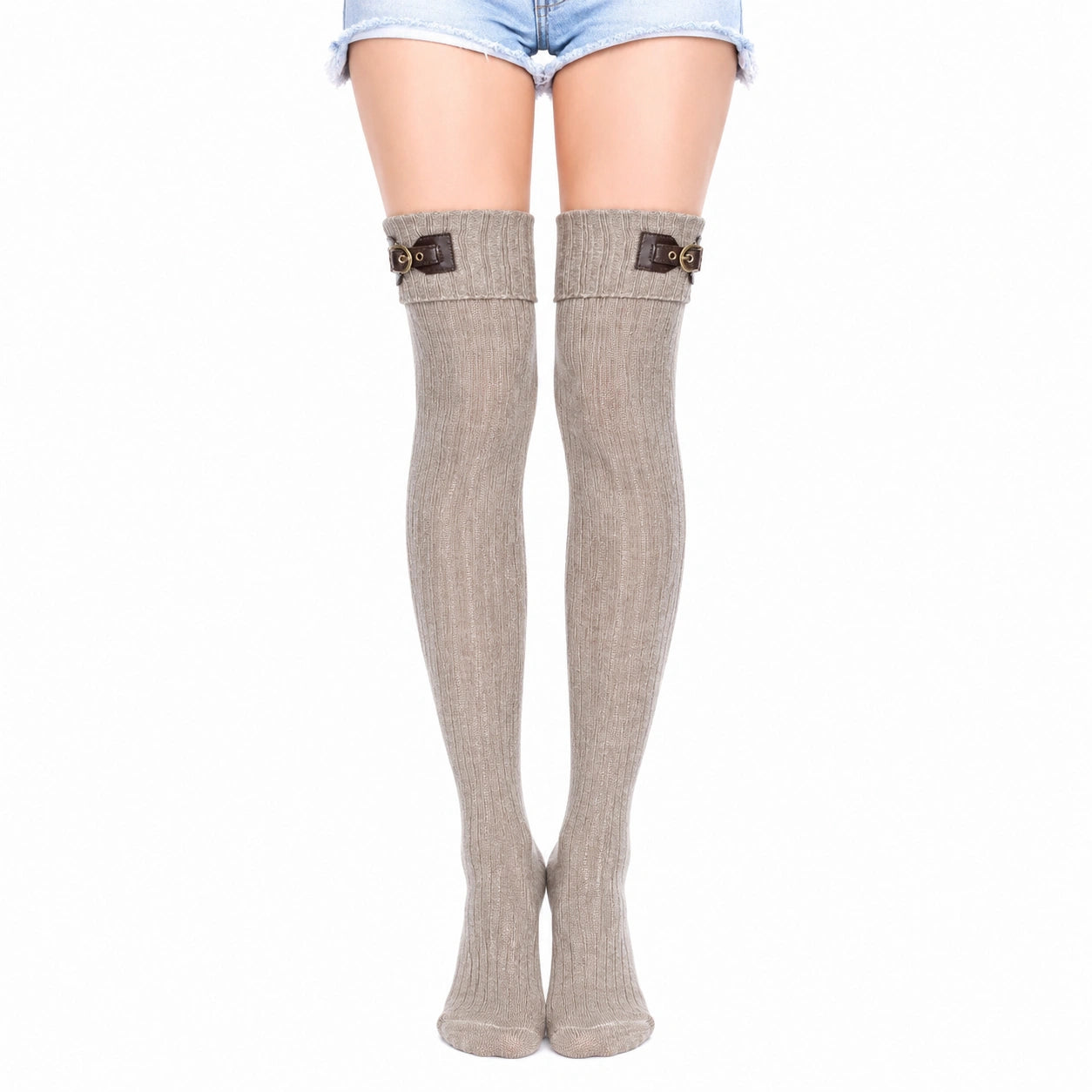 Chaussettes hautes 39-42 en maille taupe côtelée avec boucle décorative style décontracté