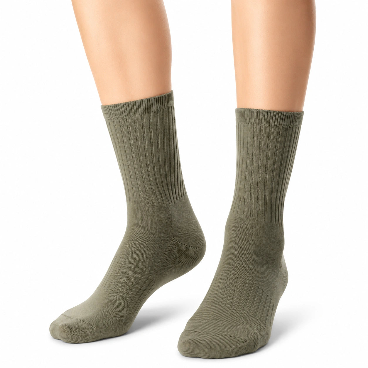 Chaussettes mi-mollet 39-42 en maille textile vert kaki côtelées