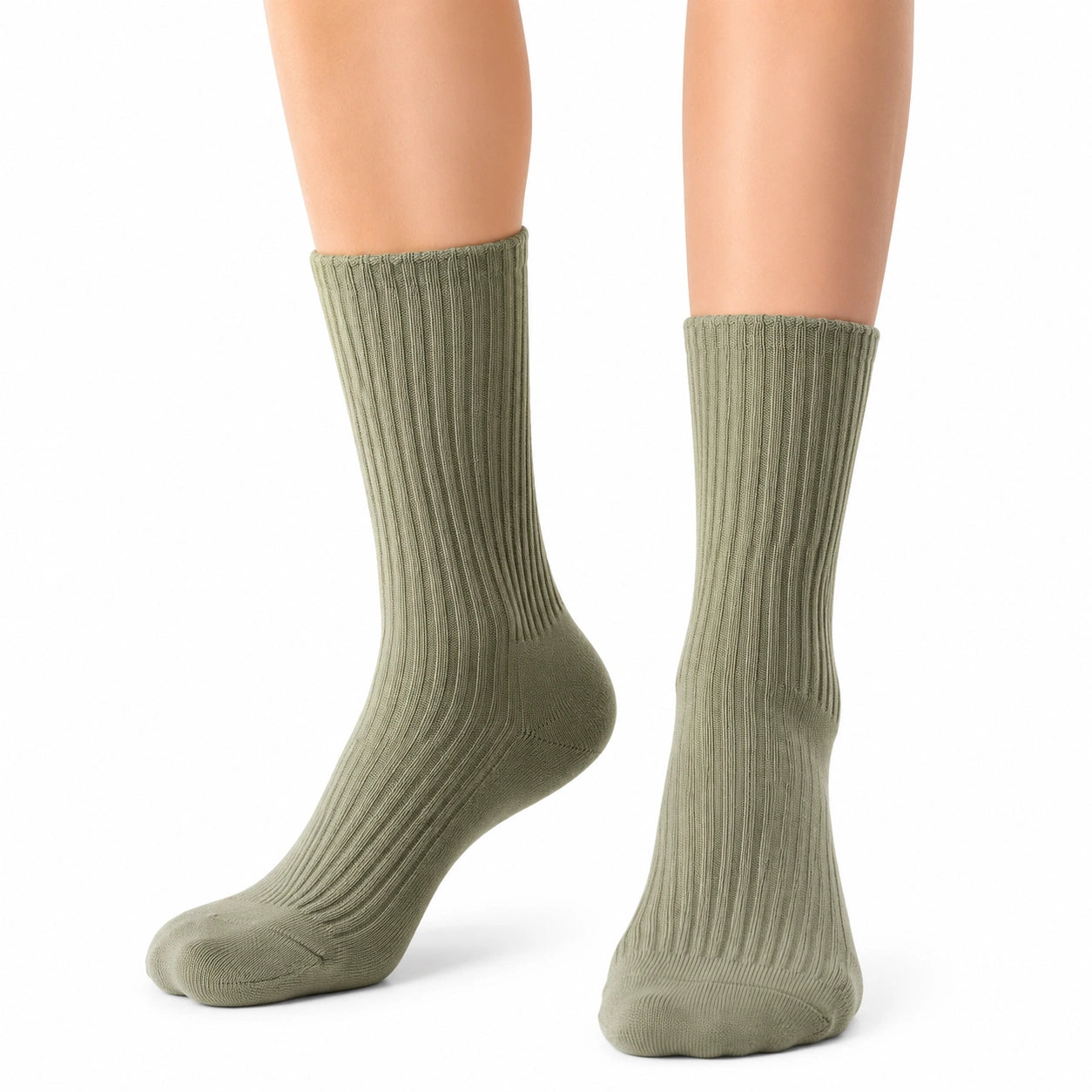Chaussettes mi-mollet 43-46 vert sauge en maille côtelée style classique
