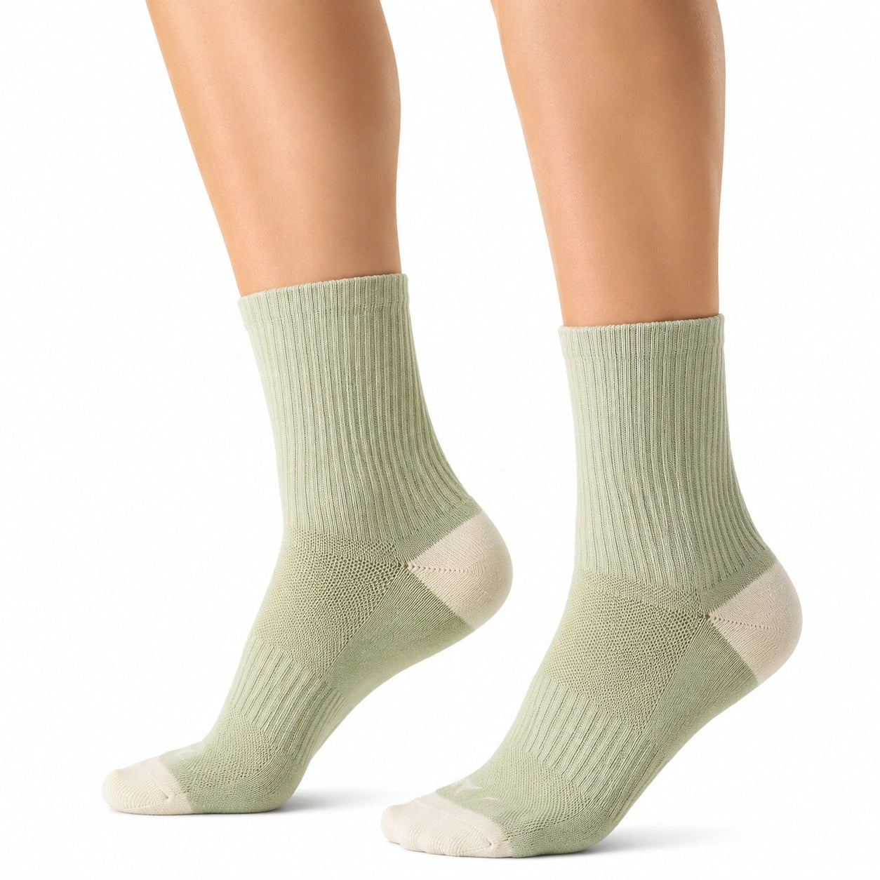 Chaussettes mi-mollet 43-46 en maille côtelée vert sauge et écru